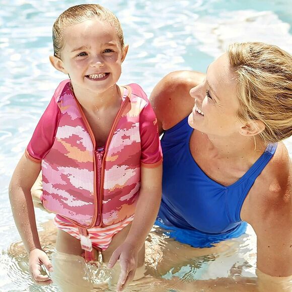Swim School Girl Pink Camo Flotation Swim Trainer Vest w Sleeves NWT 4-6 yrs - Picture 2 of 4